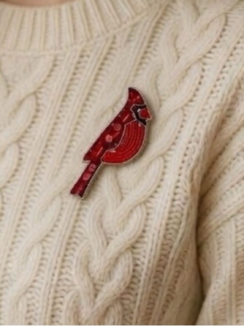 Red Cardinal Brooch Silver Tone Mixed Media Beaded Sequin Bird Pin